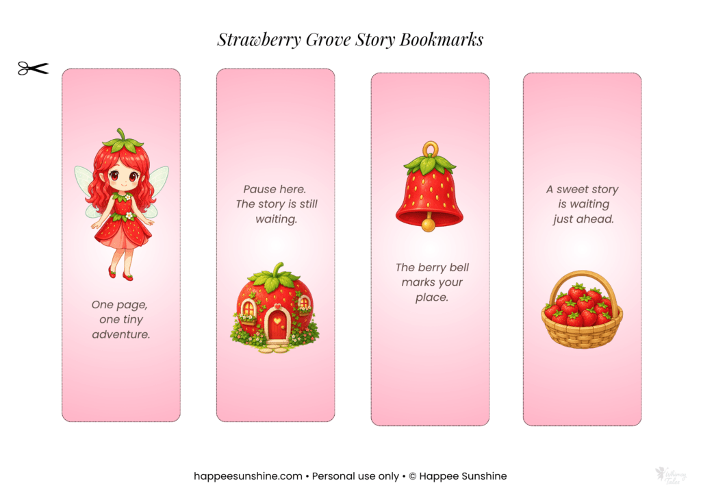 Free Strawberry Grove printable bookmarks featuring Lyra, a strawberry house, berry bell and strawberry basket.